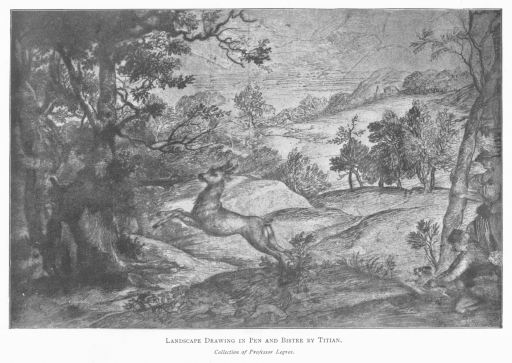 Landscape drawing in pen and bistre by Titian.